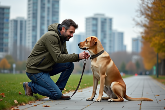 Homme avec chien labrador dans un parc urbain en automne