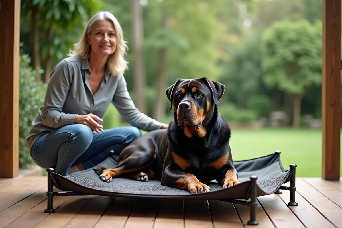 Femme adulte avec son chien de grand gabarit installé dans un lit de repos renforcé en acier sur une terrasse en bois