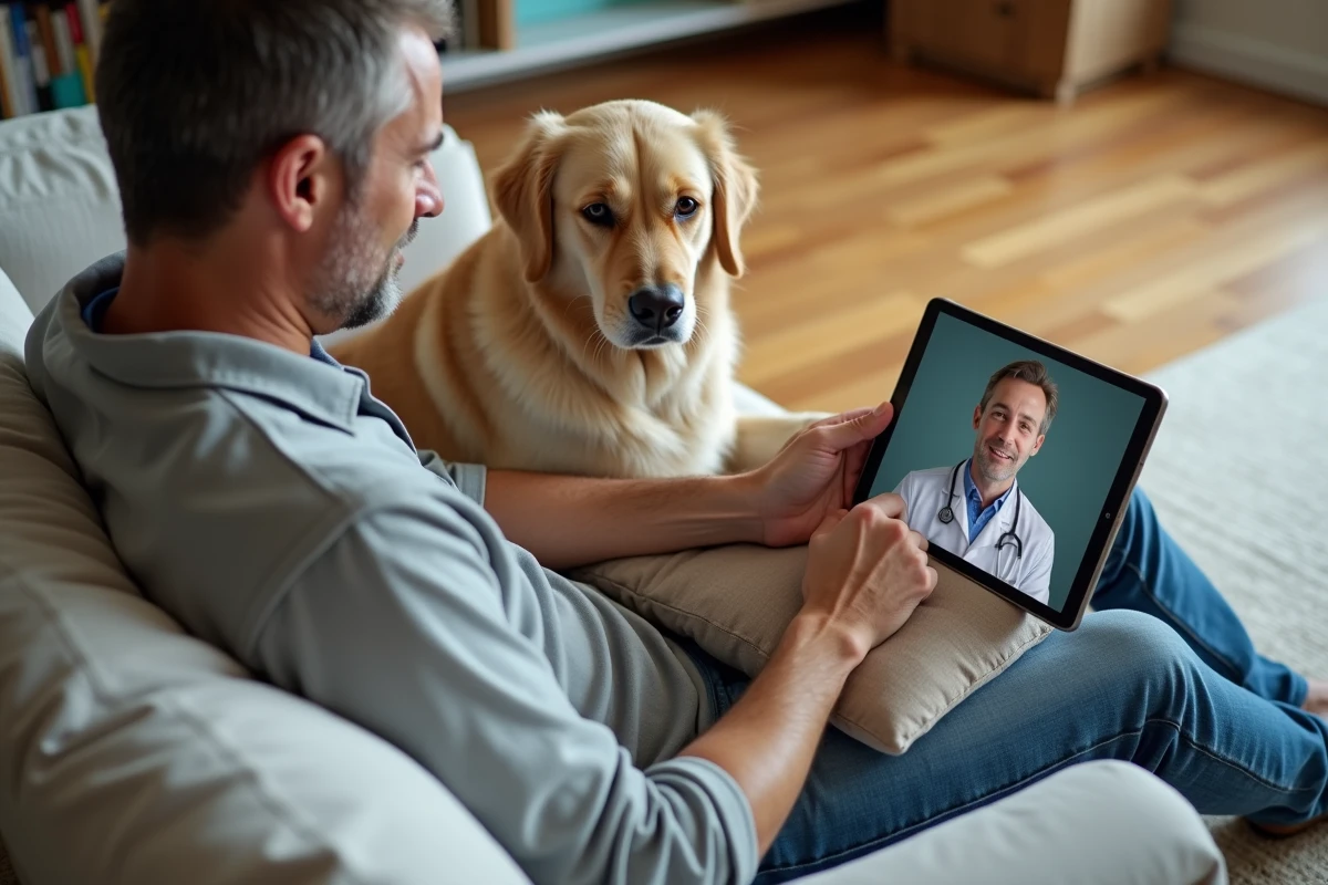 Propriétaire d'animal consultant un vétérinaire en ligne via tablette avec son chien golden retriever à la maison