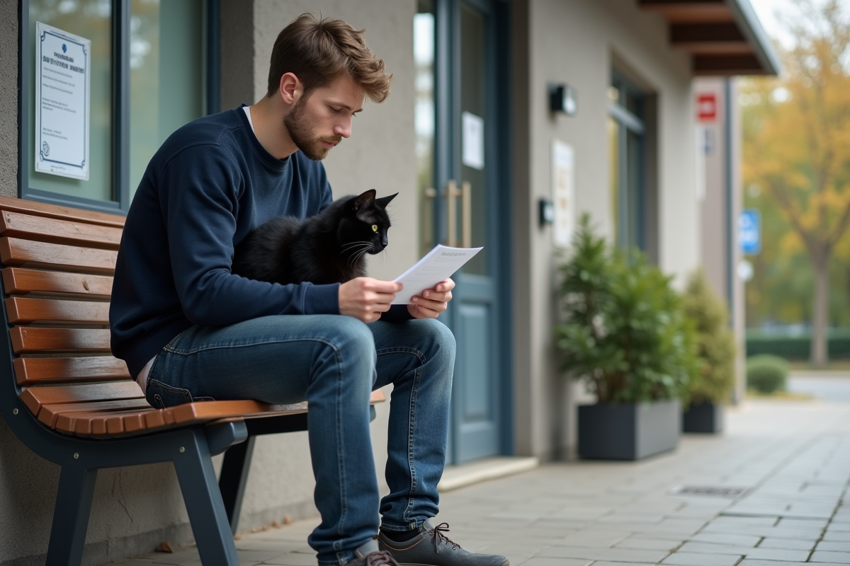 Jeune homme avec son chat noir en attente dehors