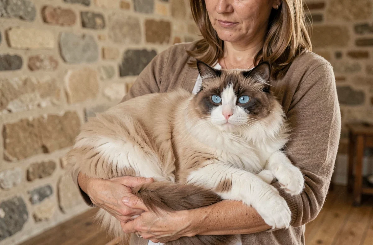 Chat Ragdoll colorpoint aux yeux bleus intenses allongé détendu dans les bras d'une éleveuse dans un intérieur rural de la Meuse aux murs en calcaire, fourrure soyeuse et tempérament docile caractéristiques