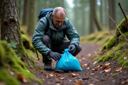 Hiker attachant un sac autour de déjections animales en forêt