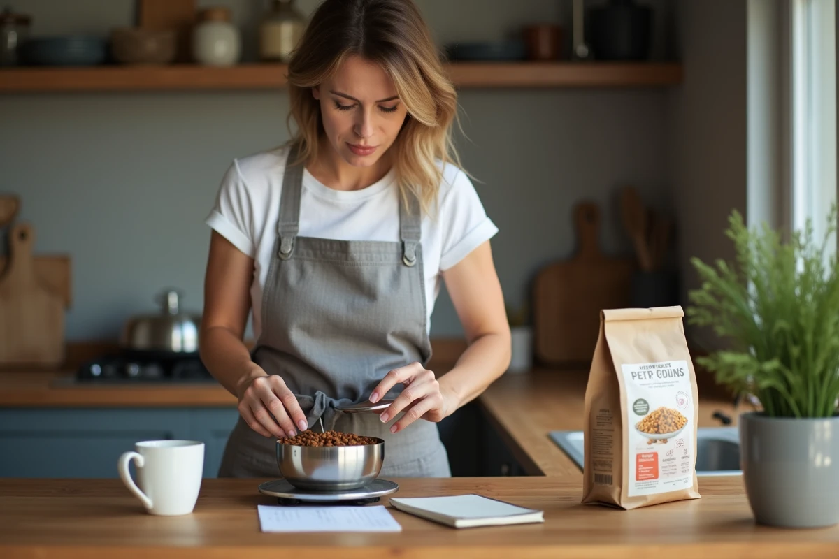Femme pesant des croquettes premium pour son chien sur une balance de cuisine avec un carnet de notes