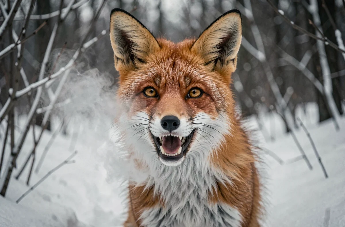 Gros plan d'un renard en train de crier dans une clairière enneigée en hiver, vapeur visible autour de sa gueule ouverte
