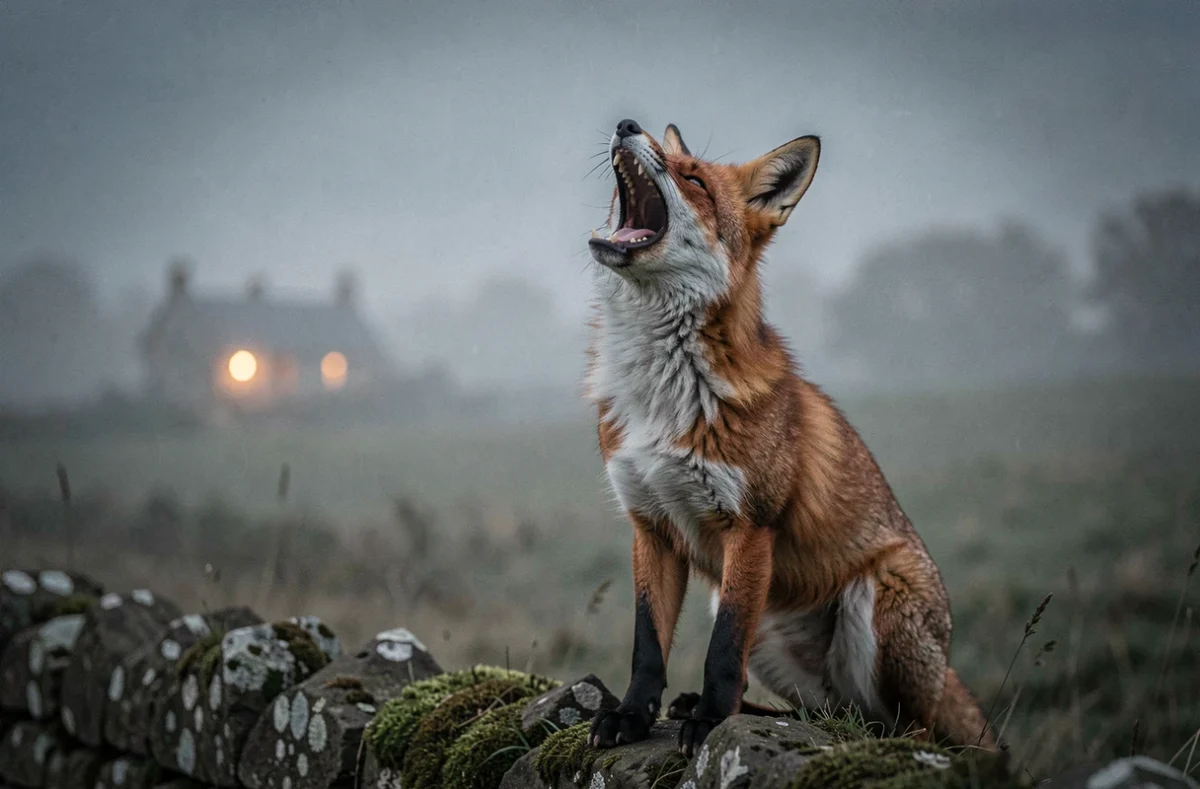 Renard sauvage poussant son cri caractéristique sur un muret en pierre dans la campagne nocturne