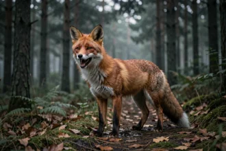 Renard roux en train de crier à l'orée d'une forêt au crépuscule, illustrant les bruits nocturnes de la faune sauvage