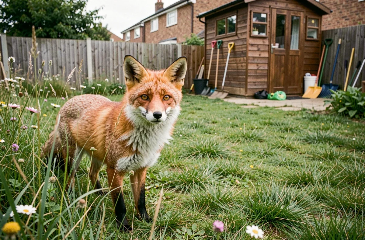 Renard roux à la lisière d'un jardin suburban, illustrant la proximité entre la faune sauvage et les habitations