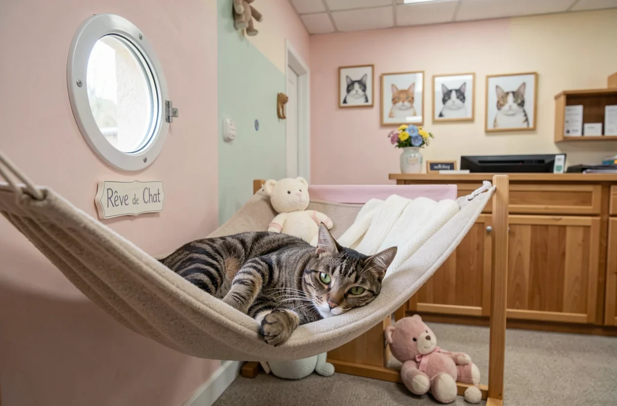 Un chat tabby se reposant dans un espace individuel décoré avec soin à la pension Rêve de Chat à Dardilly