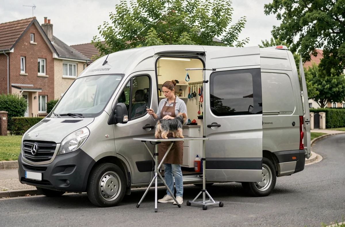 Salon mobile de toilettage en Île-de-France, camion équipé stationné dans un quartier résidentiel