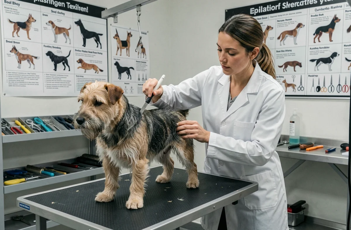 Salon spécialisé en épilation et trimming canin avec une toiletteuse travaillant sur un fox-terrier
