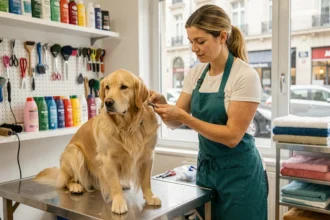 Toiletteuse professionnelle prenant soin d'un golden retriever dans un salon de toilettage en Auvergne-Rhône-Alpes
