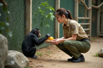 Soigneuse présentant un jouet enrichissement cognitif à un chimpanzé dans un habitat naturel de zoo