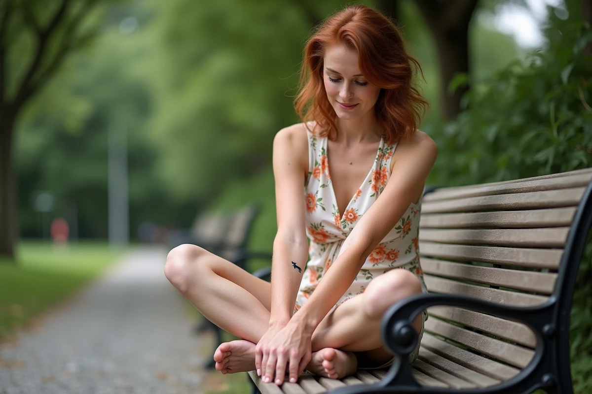 Femme assise dans un parc dévoilant un tatouage minimaliste de teckel sur la cheville, ambiance estivale poétique