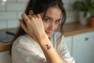 Femme montrant un tatouage minimaliste de chien sur le poignet, silhouette fine d'un Labrador assis, ambiance cuisine naturelle