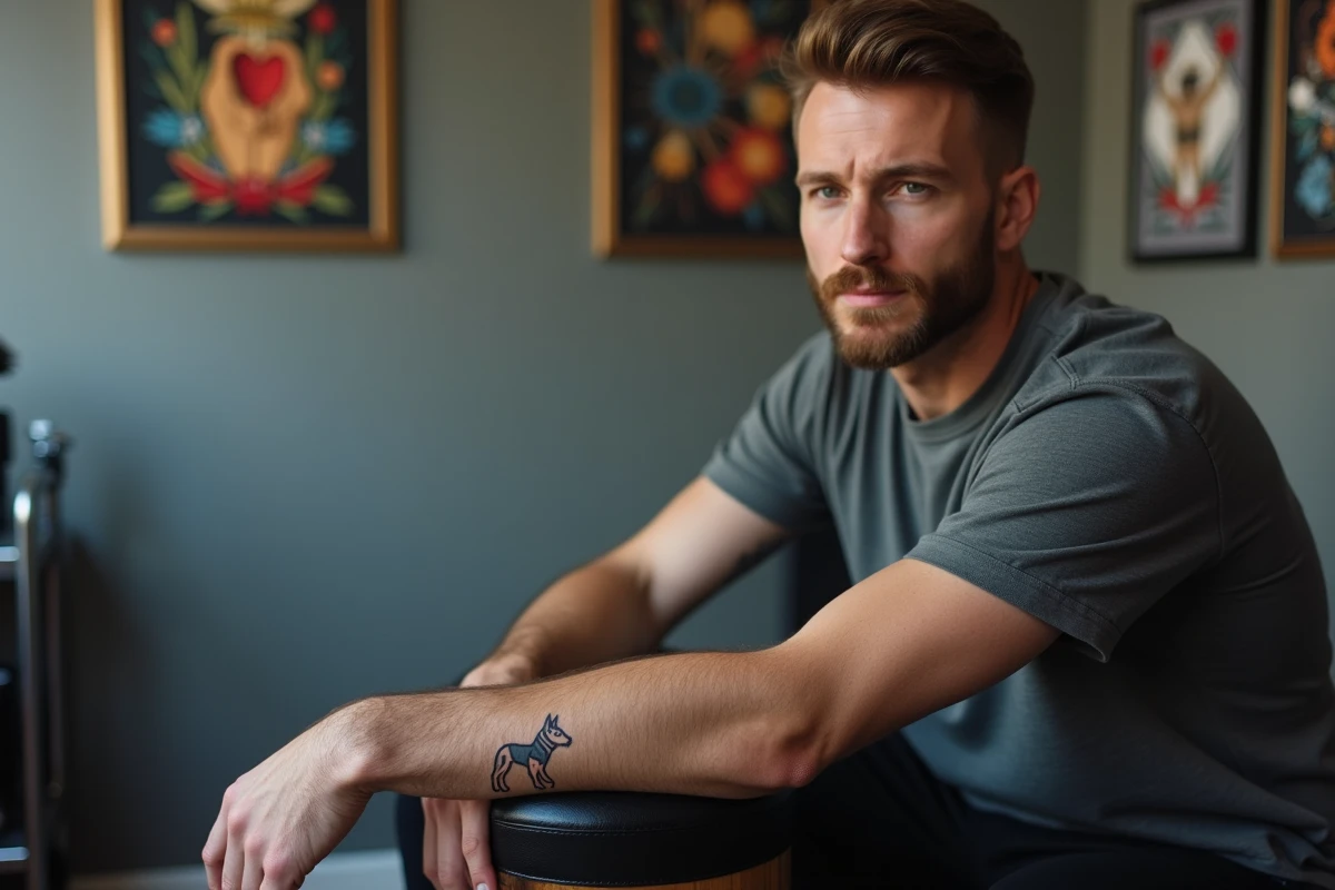 Homme dans un studio de tatouage avec un tatouage minimaliste géométrique de terrier sur l'avant-bras, style documentaire