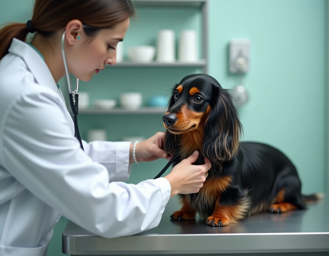 Teckel arlequin poil long examiné par un vétérinaire dans une clinique moderne, illustrant les frais de santé liés à l'entretien de la race