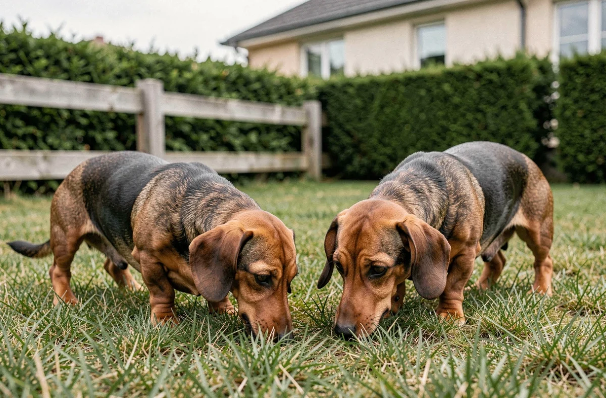 Deux teckels Kaninchen adultes en bonne santé se promenant dans le jardin d'un éleveur sérieux