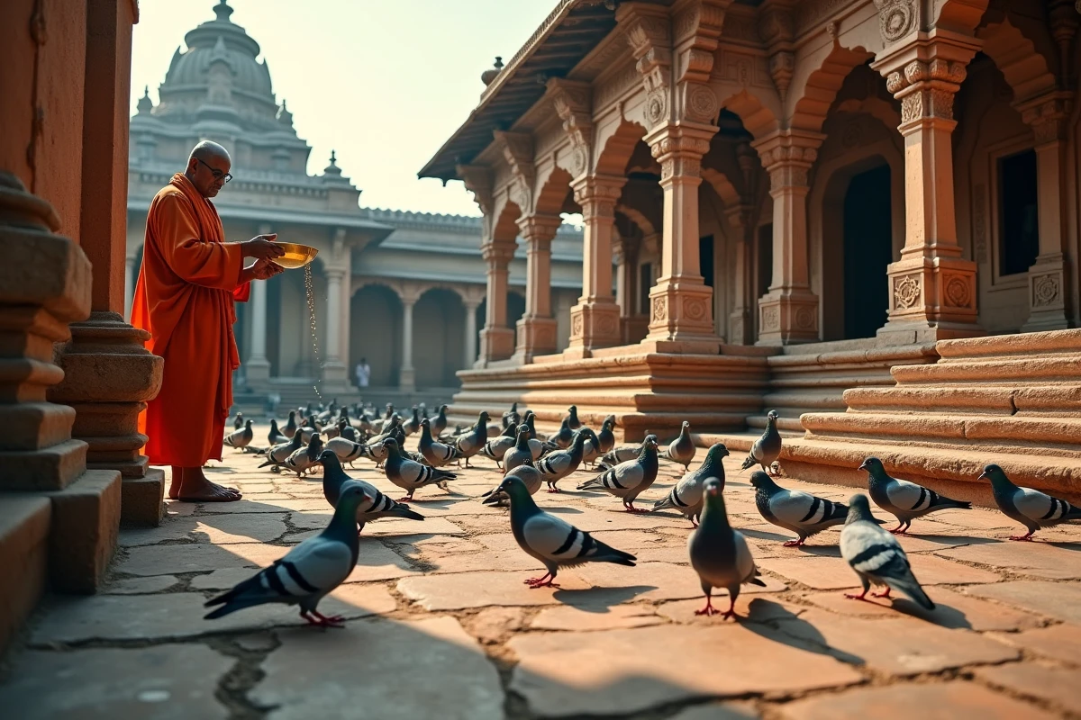 Cour d'un temple hindou au lever du jour avec des centaines d'oiseaux sacrés, pigeons et perruches, symboles divins dans la spiritualité indienne