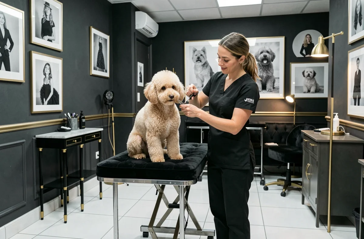 Toutou Chic Paris, salon de toilettage élégant avec un caniche miniature