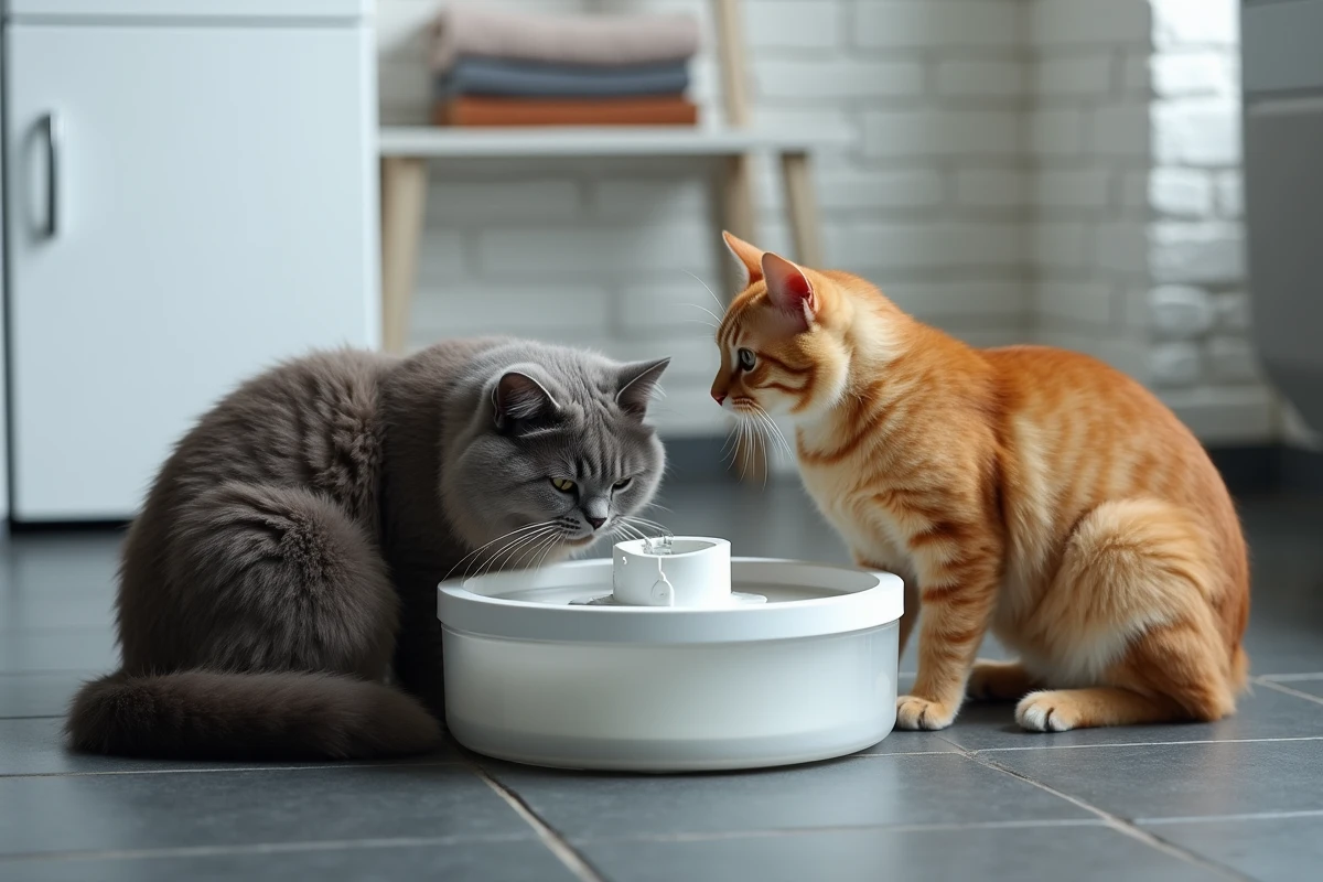 Trois chats de races différentes autour d'une grande fontaine à eau multi-chats avec réservoir transparent