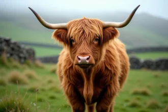 Vache Highland fluffy au pelage roux et ondulé dans un pré écossais verdoyant, avec ses longues cornes et sa frange caractéristique