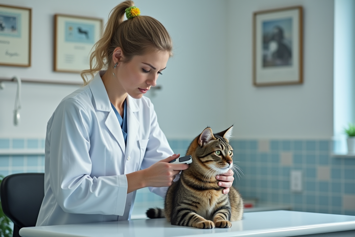 Vétérinaire femme examinant un chat avec lecteur microchip