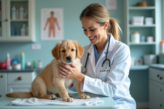 Vétérinaire femme avec chiot golden retriever en consultation