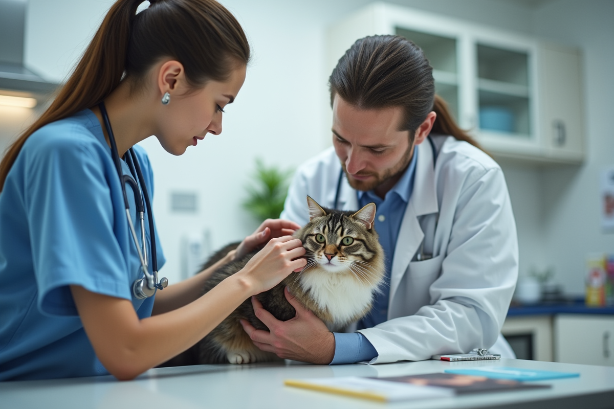 Vétérinaire examinant un chat dans une clinique