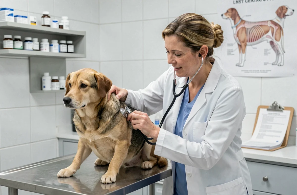 Vétérinaire examinant un chien en clinique, rappelant l'importance de souscrire une assurance santé pour son animal de compagnie