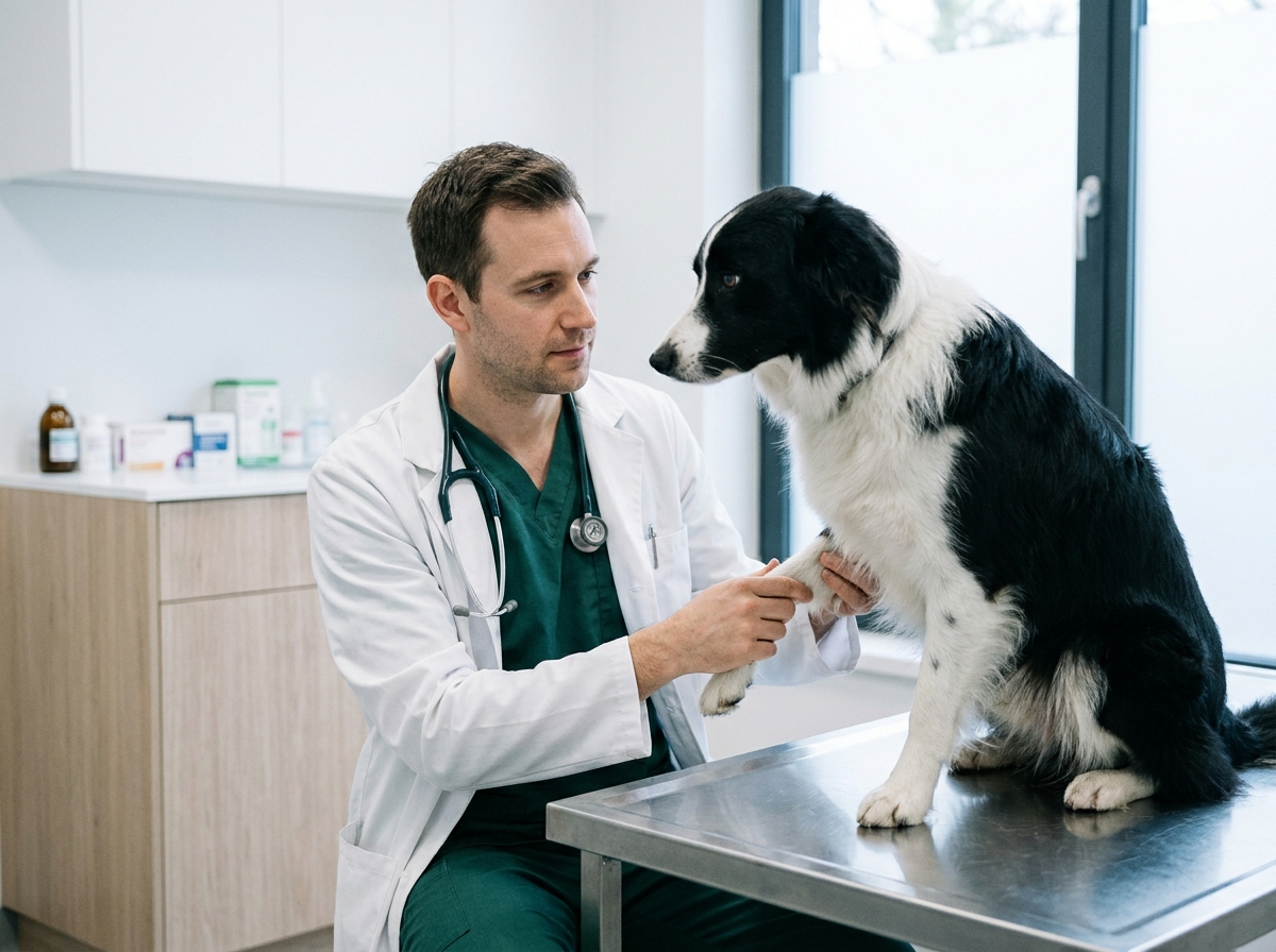 Vétérinaire examinant un border collie dans une clinique vétérinaire moderne, soulignant l'importance d'une assurance santé pour couvrir les soins médicaux du chien
