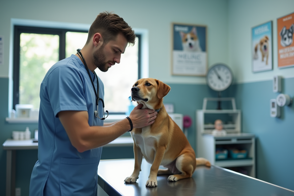 Vétérinaire examinant un chien nerveux en clinique moderne