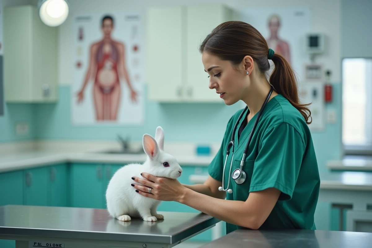 Vétérinaire examinant un lapin blanc dans une clinique animale, illustration d'un article sur les actualités et soins des animaux