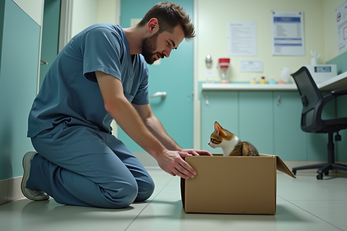 Vétérinaire en scrubs avec mère chat et chatons en clinique