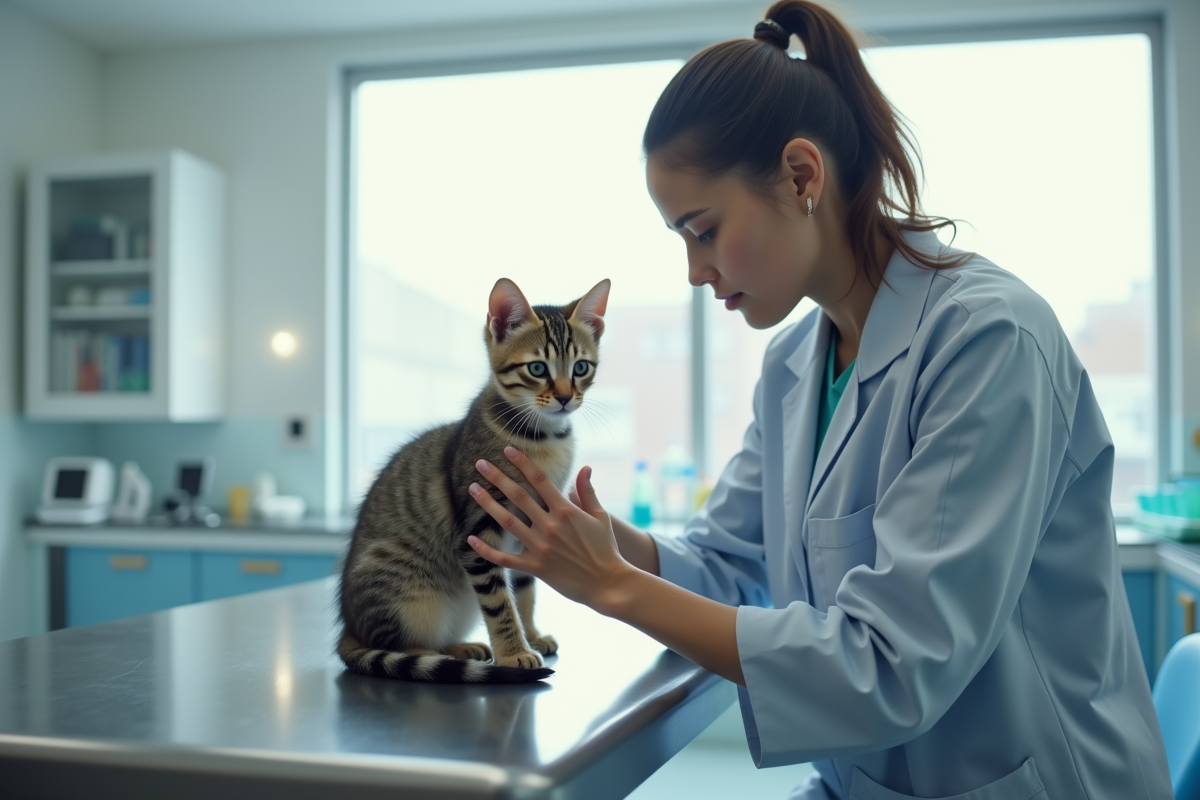 Vétérinaire examinant un chaton calme en clinique