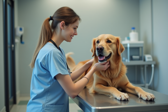 Vétérinaire jeune examinant un chien golden retriever
