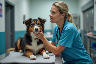 Vétérinaire rassure un chien dans un refuge animalier