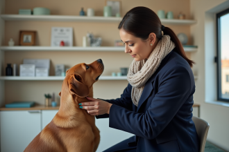 Femme âgée examinant son chien en cabinet vétérinaire
